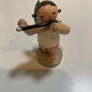 Vintage Erzgebirgische Volkskunst ‎ Chorus Flute Playing Angel Wood Green Wings